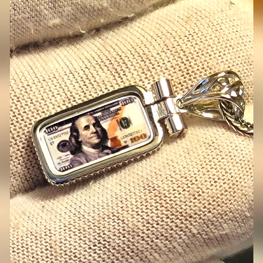.999 Fine Silver $100 Bill Benjamin Franklin Pendant Colorized Gram 1.3"